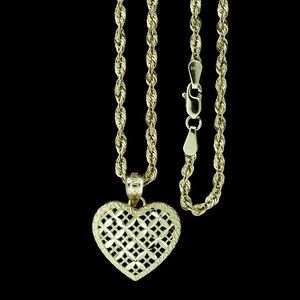 10K Real Gold Rope Chain and Diamond Cut Heart Pendant Set